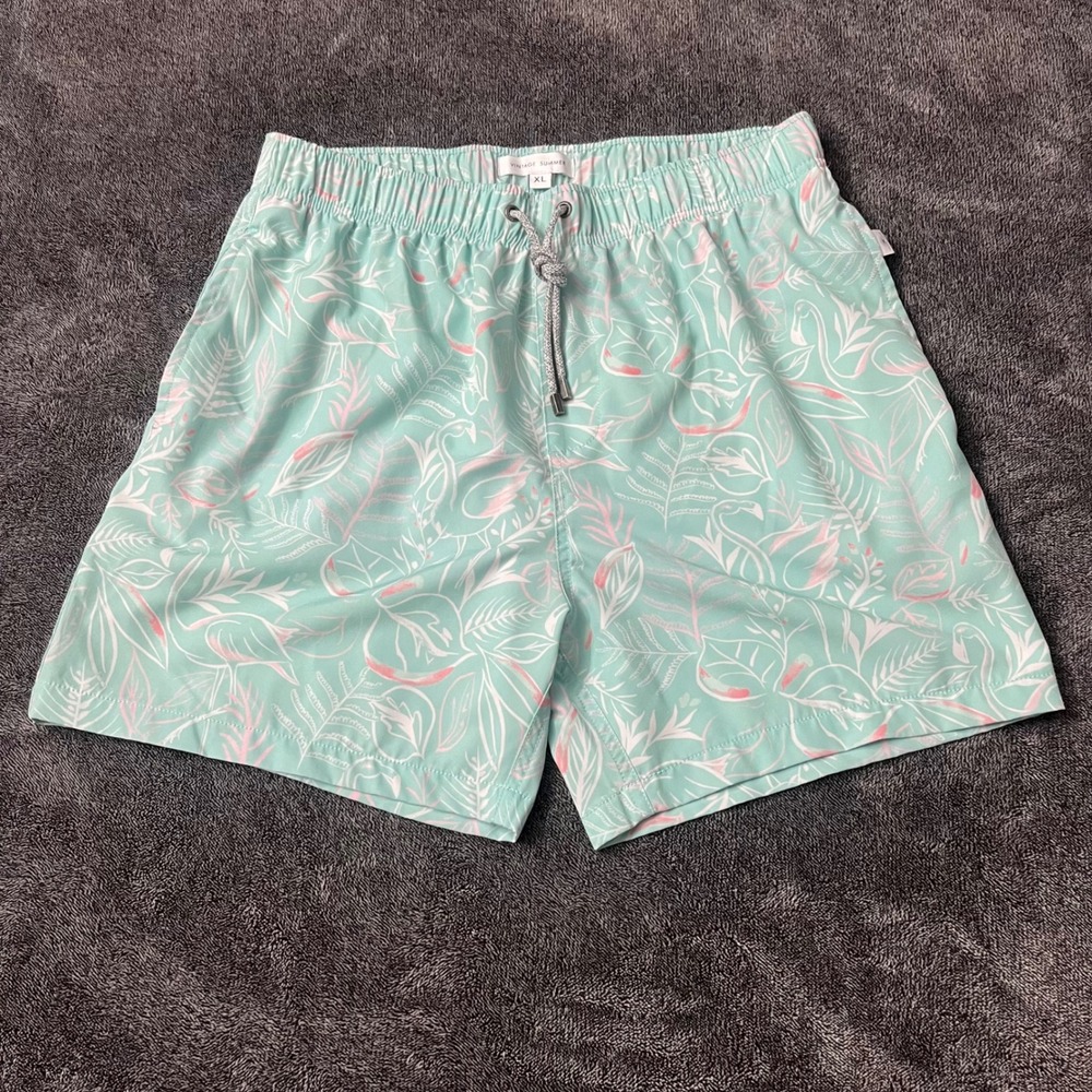 Vintage Summer Mens Swim Trunks XL Mint Green Pink Flamingo Tropical Board Short